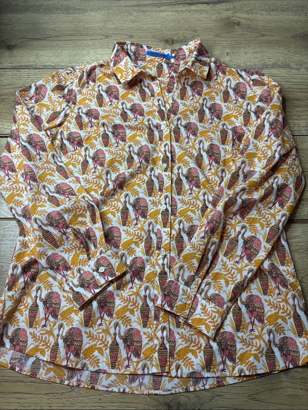 Women’s J. McLaughlin White Button-Down Shirt with Bird Motif Size Large